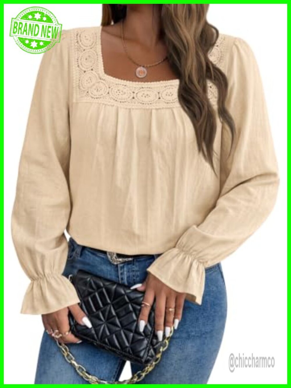 Womens Boho Eyelet Lace Square Neck Puff Sleeve Blouse Top
